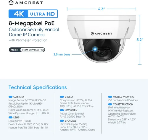Miniatura 8 de Amcrest Sistema de cámara de seguridad 4K 8CH con NVR 4K (8MP), (4) x 8 megapíxeles IP67 cámaras IP POE de metal resistente a la intemperie