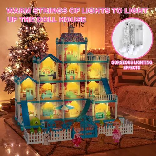 Miniatura 6 de Seifar Juego de casa de muñecas para niños y niñas, 4 pisos, 13 habitaciones, 2 muñecas y 2 cachorros, muebles y accesorios para niñas de 5, 6, 7, 8