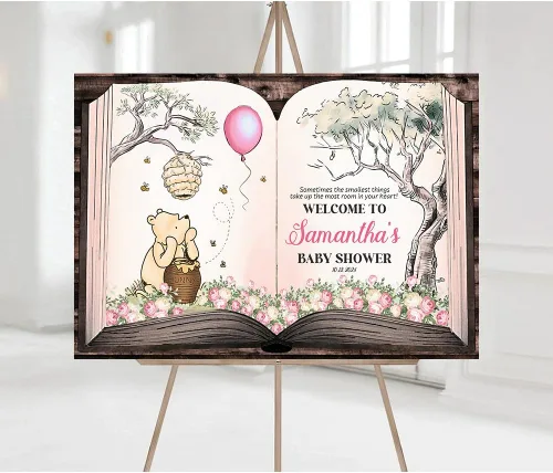 Miniatura 14 de Letrero de bienvenida personalizado de Pooh, cartel de bienvenida al baby shower, baby shower de oso Pooh, revelación de género, decoraciones