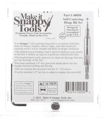 Miniatura 4 de Snappy Tools - Juego de brocas de bisagra autocentrante de 5 piezas, con resorte. Fabricado con orgullo en los Estados Unidos.