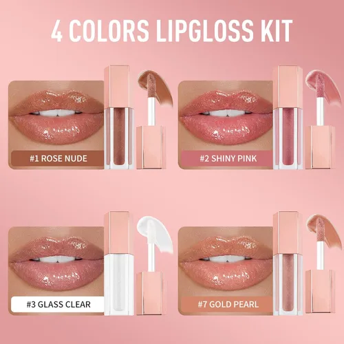 Miniatura 4 de Kit de maquillaje de brillo labial brillante brillante de 4 piezas, aceite de labios hidratante brillante, acabado de alto brillo, maquillaje
