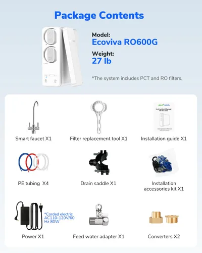 Miniatura 8 de Ecoviva Sistema de ósmosis inversa de 600GPD, sistema de filtro de agua RO debajo del fregadero, sin tanque, TDS más bajo, relación de pureza a
