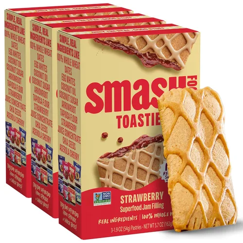 Miniatura 6 de Smash Foods Toasties - Paquete de 3 tostadoras de trigo integral saludables, fresa, arándano, uva, sin azúcar refinada, relleno de fruta real, 9