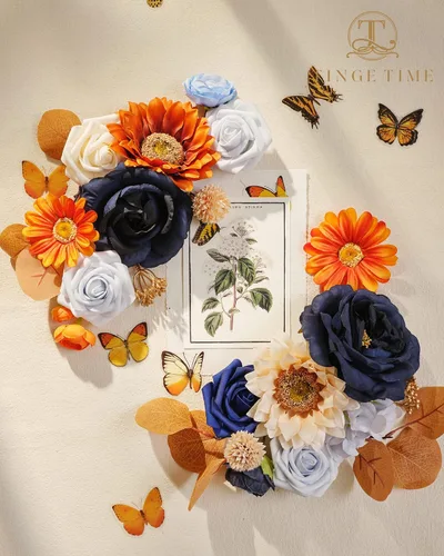 Miniatura 3 de TINGE TIME - Juego de flores artificiales color naranja quemado y azul marino para manualidades, ramos de boda, centros de mesa, arreglos, fiestas