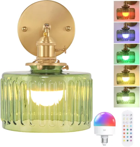Shenmoyl Aplique de pared vintage con pantalla de vidrio a rayas verdes, 5000 mAh, recargable, con control remoto, para mesita de noche, dormitorio,