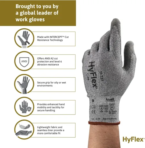 Miniatura 3 de Ansell HyFlex 11-727 Ultralight Cut-Resistant Industrial Gloves w/Reinforced Palm for Machinery, Auto, Warehousing Grey