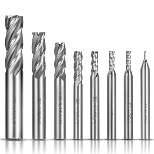 ASNOMY Juego de 8 fresas frontales rectas de 4 flautas, 1/8"-1/2" pulgadas, brocas fresadoras CNC, brocas de router, juego de herramientas de corte
