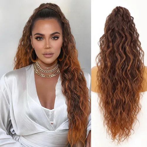 Miniatura 51 de ORSUNCER Extensión de cola de caballo de 18" con pinza rizada, cola de caballo esponjosa, extensiones de pelo sintético de aspecto natural para mujer