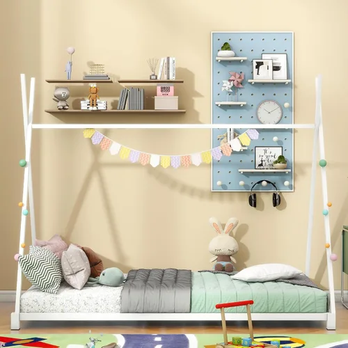 SOFTSEA Cama de casa con marco de cama de piso doble con estructura triangular Blanco