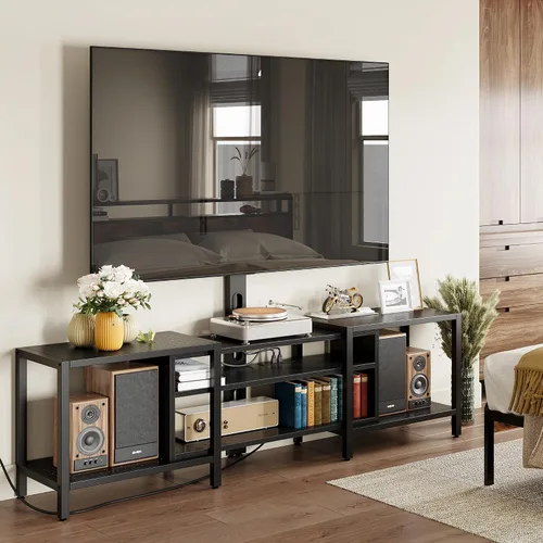 Miniatura 9 de IRONCK Soporte de TV de 79 pulgadas para televisores de hasta 85 pulgadas con soporte y toma de corriente, consola de TV de 3 niveles con estantes