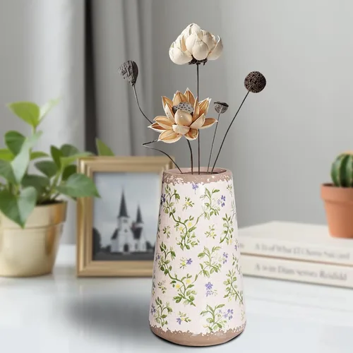 Florero de cerámica vintage Chinoiserie con diseño floral retro agrietado y pintado a mano, jarrón de porcelana antigua verde y beige para