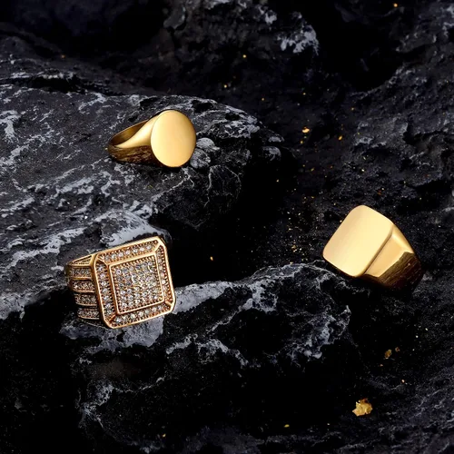 Miniatura 6 de Dochais 3 anillos de sello para hombres y mujeres, anillos chapados en oro de 14 quilates, anillos de acero inoxidable para hombres, anillos de oro