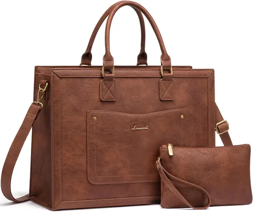 Miniatura 11 de LOVEVOOK Bolso de mano para laptop para mujeres, de 15.6 pulgadas, bolsos de trabajo, bolso de cuero vintage, bolsos de computadora impermeables