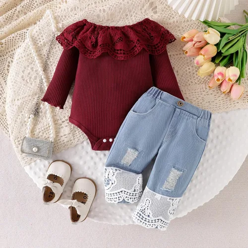 Miniatura 20 de Conjunto de ropa de bebé niña para bebé, mameluco de encaje blanco de manga larga + pantalones de mezclilla