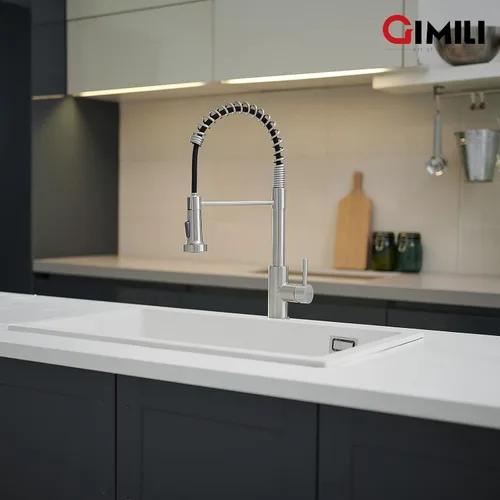 Miniatura 6 de GIMILI Grifo de cocina con pulverizador desplegable orificio único grifo de fregadero de acero inoxidable, adecuado para granjas, RV, lavandería