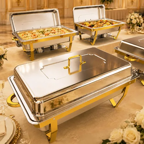 Frizoky Platos rectangulares para bufé, 4 unidades, calentadores de alimentos de acero inoxidable dorado y plateado de 9 cuartos con tapas y 4
