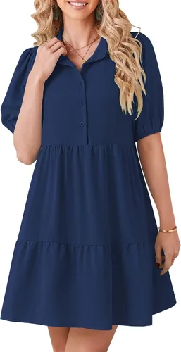 LookbookStore Vestidos fluidos para mujer, vestido tipo camisa, casual, trabajo, modesto manga abombada, vestido corto