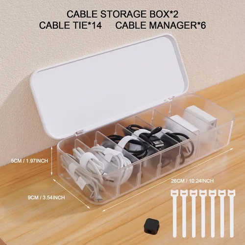 Miniatura 6 de Caja organizadora de cables con 14 bridas de alambre y 6 clips magnéticos para cables, caja de gestión de cables de escritorio con divisores y tapa