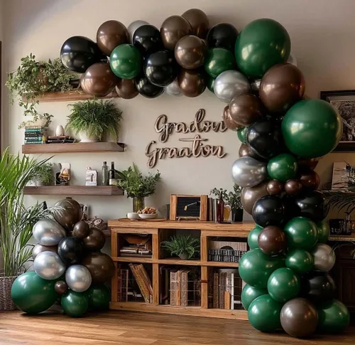 Miniatura 2 de Arco de globos de látex negro y verde, guirnalda de globos de látex de doble relleno, color verde oscuro, marrón, plateado, para camuflaje