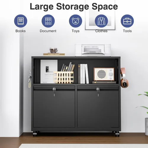 Miniatura 8 de Archivador de metal con 2 cajones con cerradura, gabinete archivador con soporte para impresora móvil y estantes para archivos de tamaño Negro