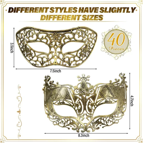 Miniatura 2 de Yunsailing 40 máscaras venecianas antiguas vintage para hombres y mujeres, para desfile, fiesta, actuación, bar, carnaval (dorado)