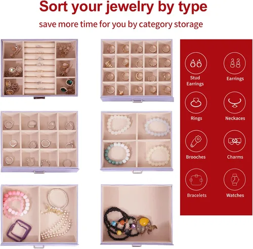 Miniatura 5 de BOOVO Joyero para mujer, organizador de joyas grande de 6 capas con espejo, caja de almacenamiento multifunción con cerradura, soporte