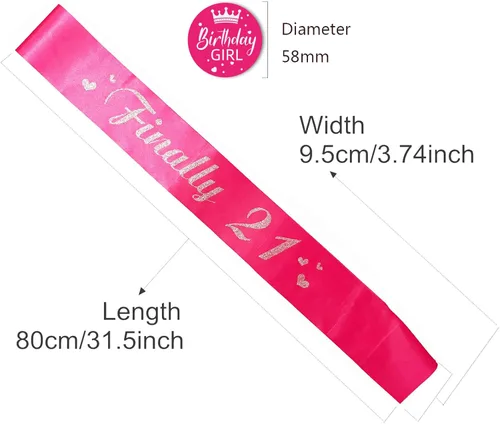 Miniatura 3 de Banda de cumpleaños número 21, bandas suaves de satén rosa intenso con letra plateada con purpurina, decoraciones de cumpleaños para niñas, 21 rosa