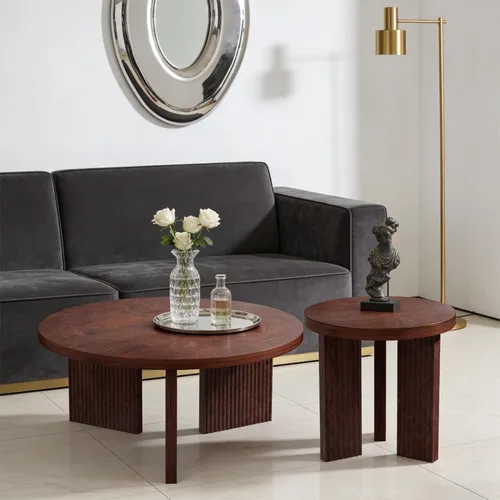 Miniatura 18 de Mesa de café redonda de madera, mesa de café de 35" con mesa gruesa y lisa, mesa central baja circular con patas estables en forma de X, mesa de té