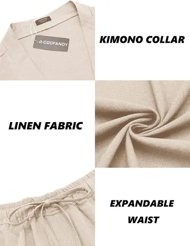 Miniatura 4 de COOFANDY Conjuntos de lino para hombre, 2 piezas, cárdigan, ropa de playa y conjuntos cortos