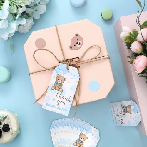 Miniatura 4 de Etiquetas de agradecimiento de oso, 50 etiquetas de regalo azules con cuerda para baby shower, etiquetas de regalo de agradecimiento para celebrar