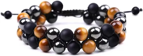 Healing Crystals Triple Protection Mens Bracelet, Tiger Eye Beads Hematite and Black Obsidian for Women, Natural 8mm Good Luck Stone Bracelets