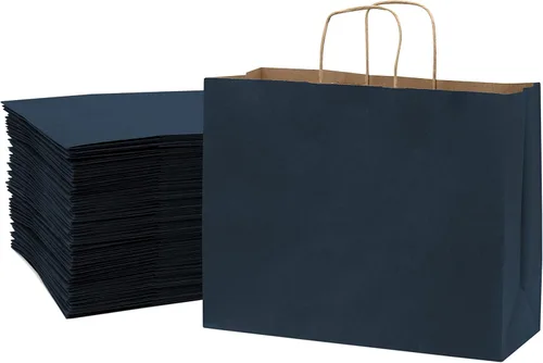 Prime Line Packaging Bolsas de regalo de papel, bolsas de papel kraft azul marino con asas, bolsas de compras para pequeñas empresas, uso minorista,