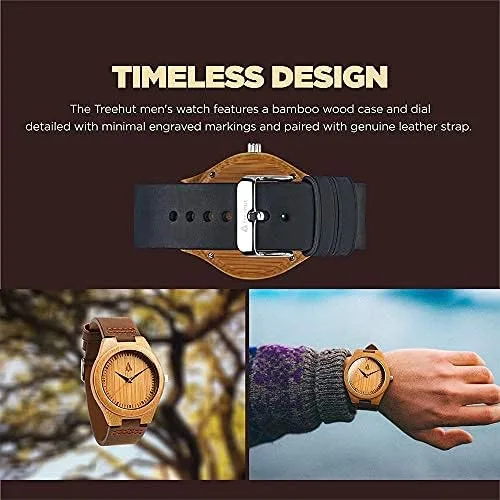 Miniatura 2 de Treehut - Reloj de pulsera analógico para hombres, de madera con correa de piel auténtica, estilo elegante., Marrón Natural 1