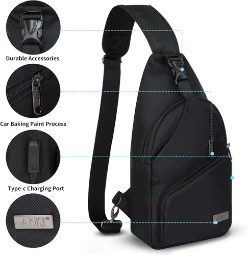 Miniatura 3 de AMJ Bolso cruzado tipo bandolera para hombres y mujeres, mochila de hombro casual, mochila de pecho tipo morral para senderismo y viajes Negro