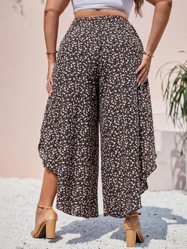 Miniatura 2 de MakeMeChic Pantalones de pierna ancha con cintura alta y lazo frontal para mujer, talla grande