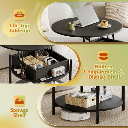 Miniatura 4 de WLIVE Mesa auxiliar redonda con estante de almacenamiento y compartimento oculto, mesa de centro pequeña de granja con 2 niveles para sala de estar