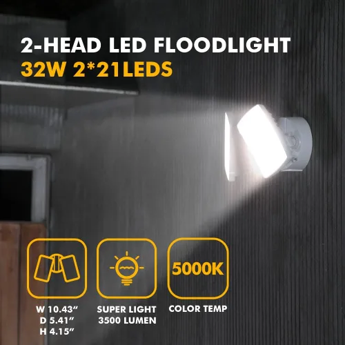 Miniatura 3 de LUTEC Foco LED de 3500 lúmenes 32 W 5000 K, doble cabezal integrado, resistente al agua al atardecer y al amanecer, luz de pared de seguridad Blanco