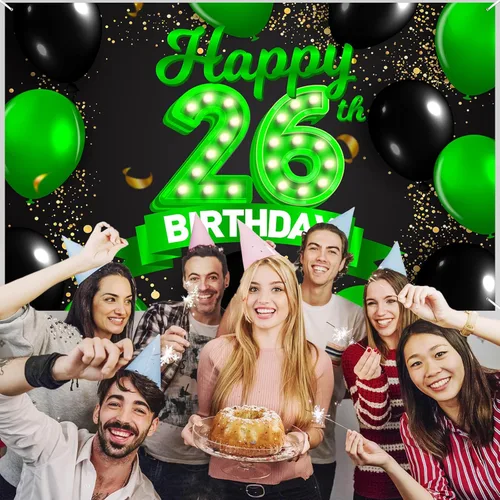 Miniatura 6 de Cartel de feliz cumpleaños 26 verde y negro, telón de fondo con texto en inglés "Cheers to 26 years old confeti", globos de confeti, decoración