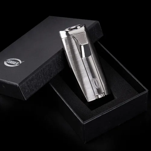 Miniatura 7 de Cobber Antorcha recargable y resistente al viento doble llama de chorro de butano encendedor para hombres ideas de regalo (plata)