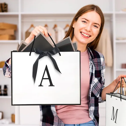 Miniatura 6 de QLSKO - Bolsa de regalo con monograma personalizada, bolsa de papel con inicial personalizada con tarjeta, sobre a juego, cinta con lazo y papel