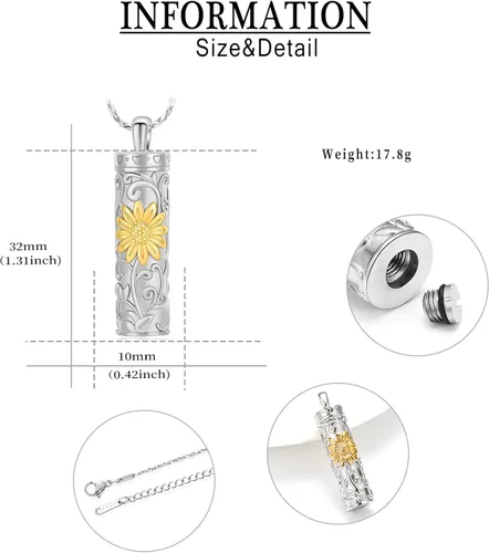 Miniatura 9 de Collar de urna de girasol para cenizas, collar de barra cilíndrica para cenizas para mujer, colgante de recuerdo para cenizas, joyería de cremación