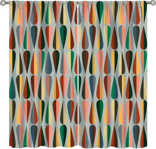 Cortinas de mediados de siglo, cortinas geométricas vintage para dormitorio, color azul, colorido, abstracto, geométrico, formas de caída, cortina