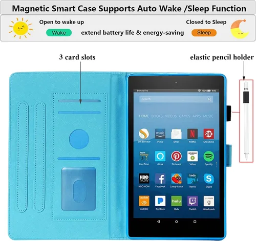 Miniatura 4 de Funda para tablet Fire HD 8 de 8ª/7ª/6ª generación de 8.0 pulgadas con soporte para lápices [encendido y apagado automático] ranuras para tarjetas