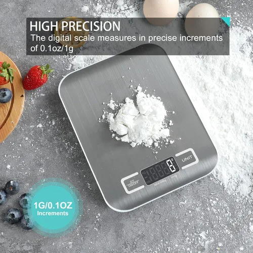 Miniatura 2 de Báscula digital de cocina, báscula de alimentos para hornear carne, unidad de gramo onzas libras hasta 11 libras (0.04 oz-11.0 lbs), acero Blanco