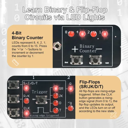Miniatura 4 de Kit de soldadura de regla de circuito lógico digital para bricolaje, contador binario (0-15) y circuitos flip-flop con LED interactivos, kit