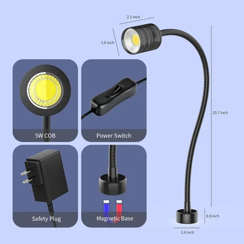 Miniatura 4 de Luz de trabajo magnética LED de 15.748 in Lámpara de cuello de cisne flexible 500 lúmenes 120 voltios para máquina de coser, torno de fresado