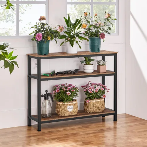 Miniatura 8 de Yaheetech Mesa consola industrial, mesa de entrada de 3 niveles con estantes de almacenamiento, mesas de sofá estrechas para sala de estar, Marrón