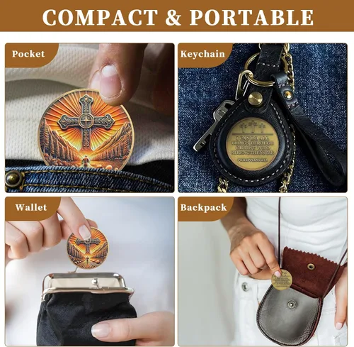 Miniatura 5 de 5 monedas de desafío cristiano de Filipenses 4:13 – Ficha religiosa de camino de fe con versículo de la Biblia – I Can Do All Things Through Christ