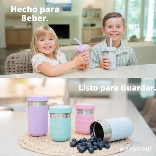 Miniatura 5 de WeeSprout Vasos 2 en 1 para niños, vaso de acero inoxidable duradero para batidos, pajitas de silicona con tapones, tapas giratorias de plástico