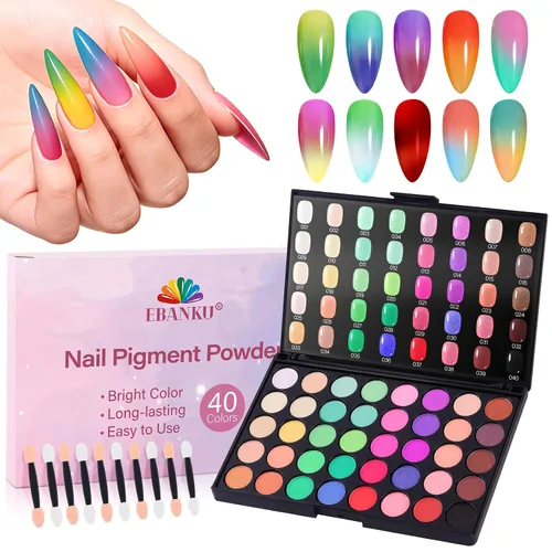 EBANKU Juego de polvos de pigmentos de uñas de 40 colores, paleta profesional de pigmentos de polvo de uñas con tonos iridiscentes para manicura